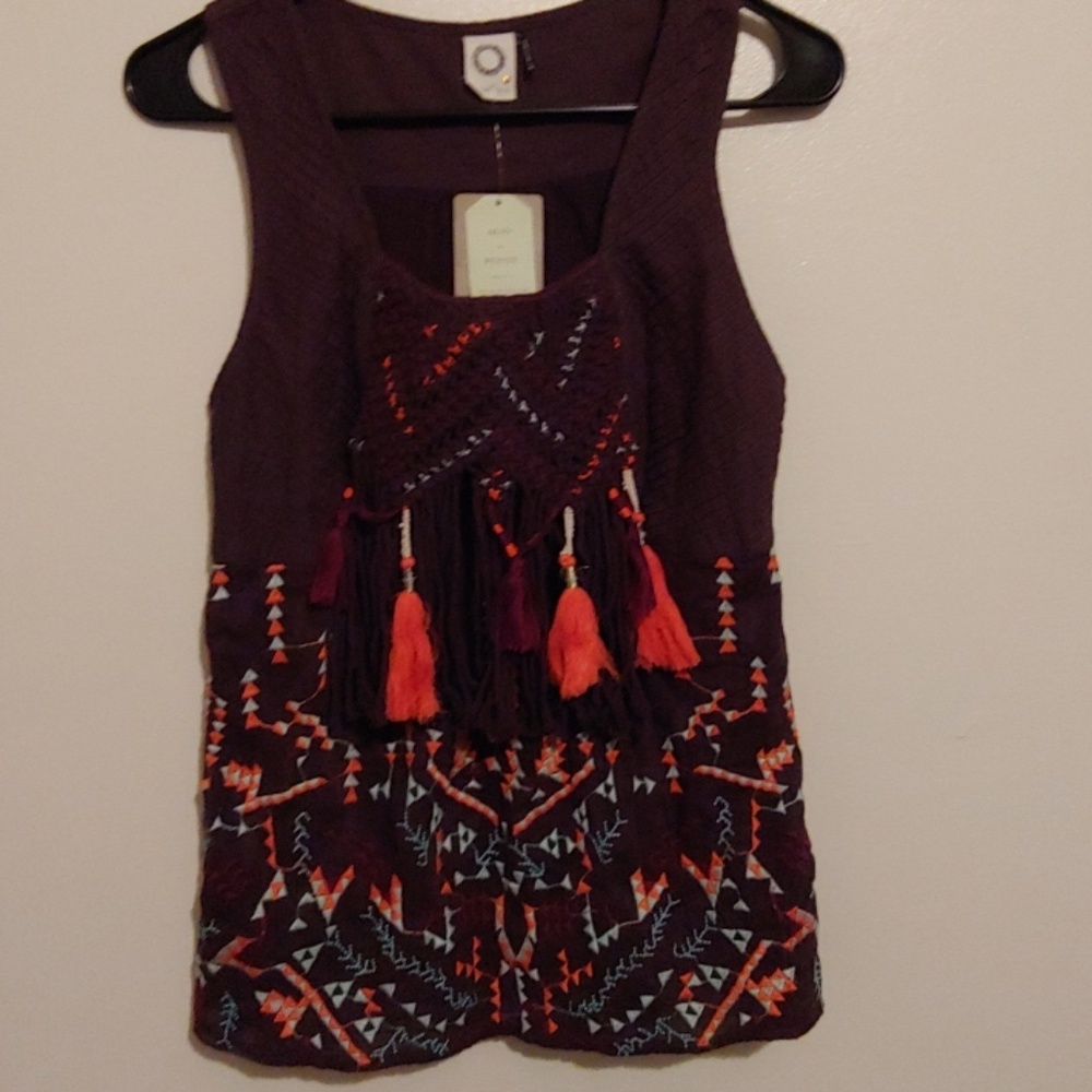 Akemi + Kin brown embroidered tassel top
